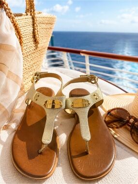 Michael Kors Gold Metallic T Strap Sandals Size 7.5 Leather Flat Summer Shoes